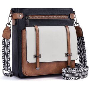 Women’s Black/White/Brown Leather Multi-Pocket Travel Purse Crossbody Bag